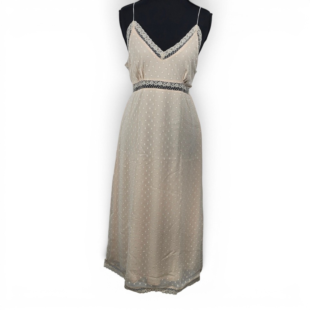 Band of the Free Beige Swiss Dot Lace Trim Midi Dress Medium Spaghetti Strap NWT